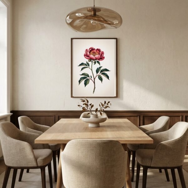 Affiche murale Pivoine accrochée au mur, tirage botanique japandi