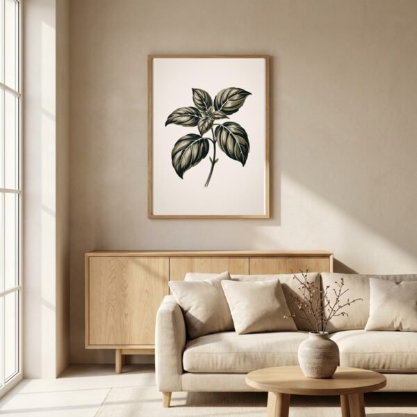 Affiche murale Basilic accrochée au mur, tirage botanique japandi
