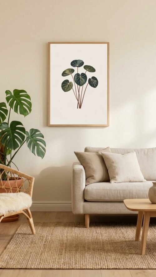 Affiche Pilea – tirage japandi encadré, en situation dans un intérieur