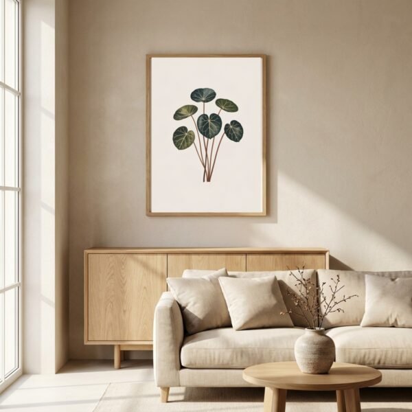 Affiche murale Pilea accrochée au mur, tirage botanique japandi