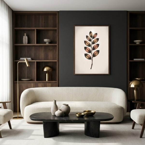 Affiche murale Zamioculcas accrochée au mur, tirage botanique japandi