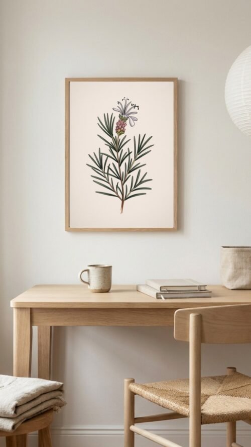 Affiche Romarin en fleur – tirage japandi encadré, en situation dans un intérieur