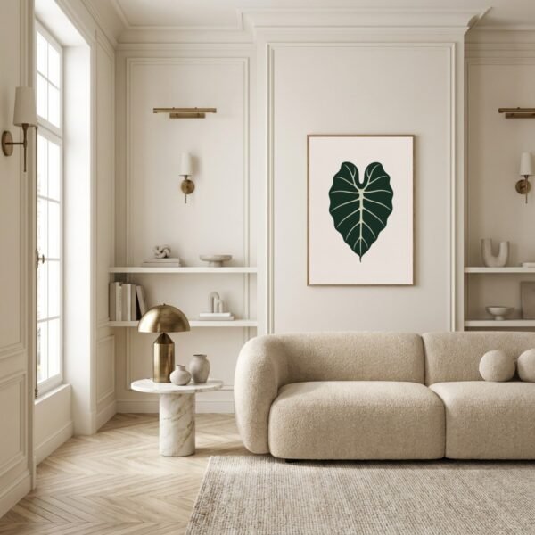 Affiche murale Alocasia accrochée au mur, tirage botanique minimaliste