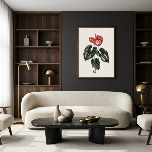 Affiche murale Anthurium accrochée au mur, tirage botanique japandi