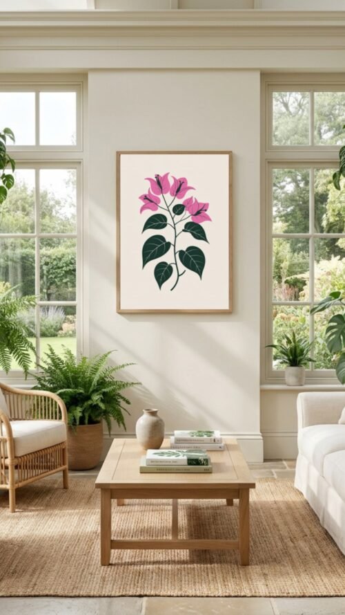 Affiche Bougainvillier – tirage minimaliste encadré, en situation dans un intérieur