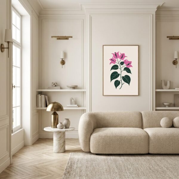 Affiche murale Bougainvillier accrochée au mur, tirage botanique minimaliste