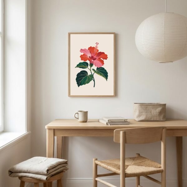 Affiche murale Hibiscus accrochée au mur, tirage botanique contemporain