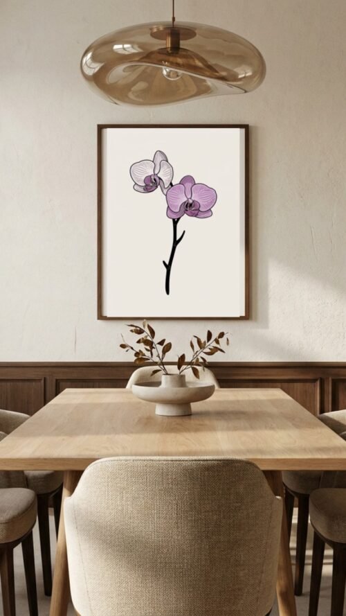 Affiche Orchidée – tirage minimaliste encadré, en situation dans un intérieur