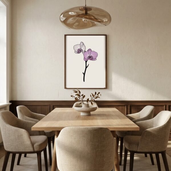 Affiche Orchidée – tirage minimaliste encadré, en situation dans un intérieur