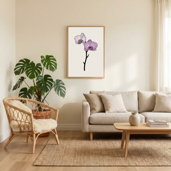 Affiche murale Orchidée accrochée au mur, tirage botanique minimaliste