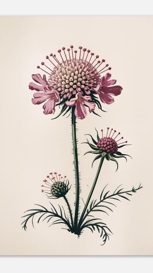 Affiche Scabieuse, tirage botanique japandi à encadrer, format A4 à A1